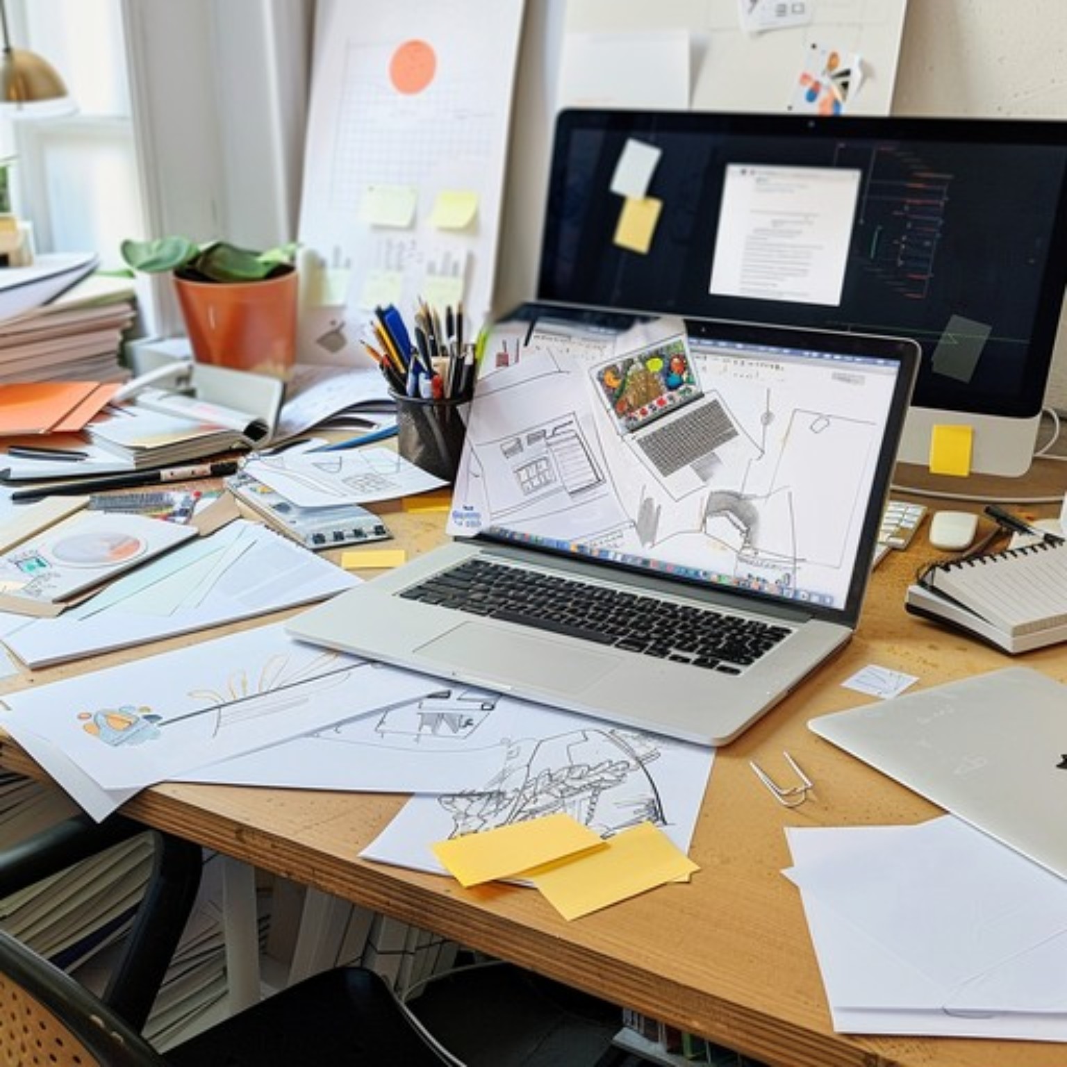 Illustration of a busy workspace with overlapping priorities, documents and open projects